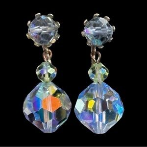 Vintage blue crystal AB dangle screw back clip on earrings